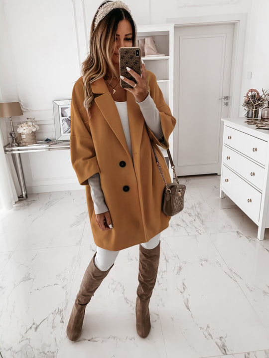Damen nan kastiger Oversize-Kurzmantel mit fallendem Reverskragen und verdeckten Seitentaschen Shop Nory