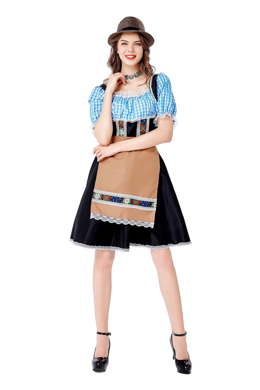 Damen nan folklorisches Oktoberfest-Kostüm im Dirndlstil mit Carmenbluse geschnürtem Mieder und bestickter Schürze Shop Nory