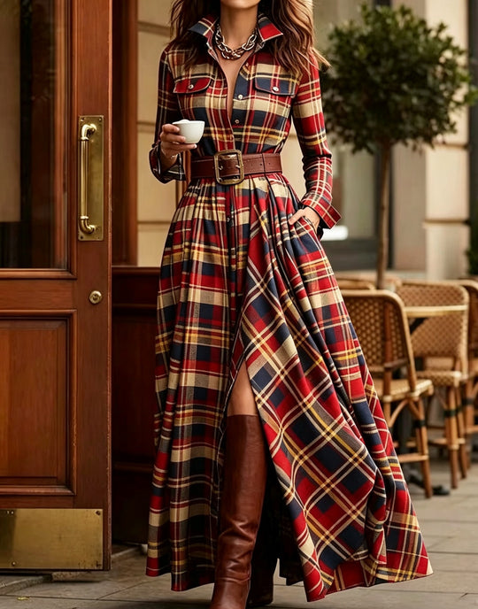 Damen nan karierte Maxikleid Hemdblusenkleid mit ausgestelltem Rock und breitem Taillengürtel Shop Nory