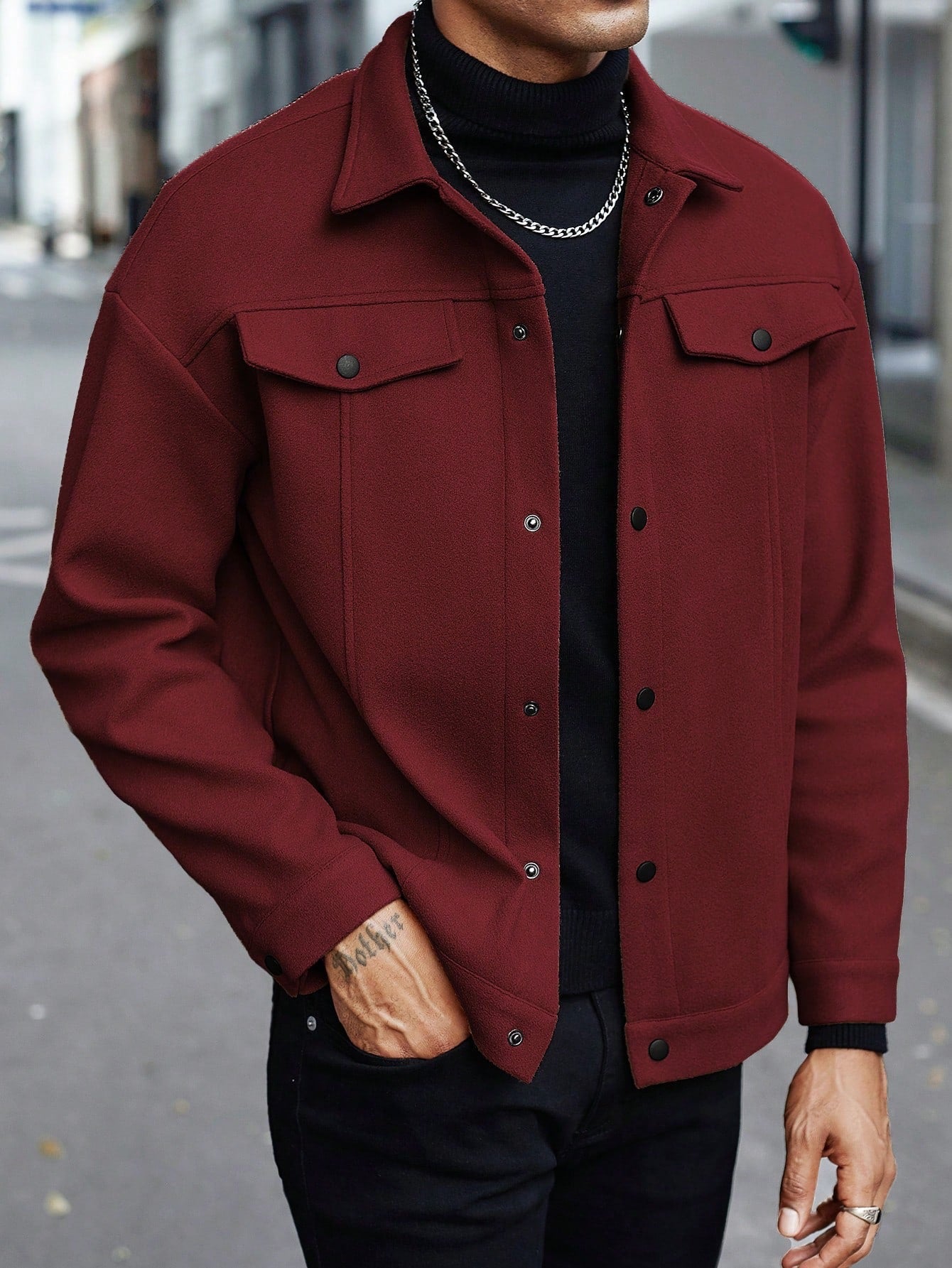 Herren nan Hemdjacke aus Wollmischung mit Druckknöpfen und Pattentaschen Shopnory