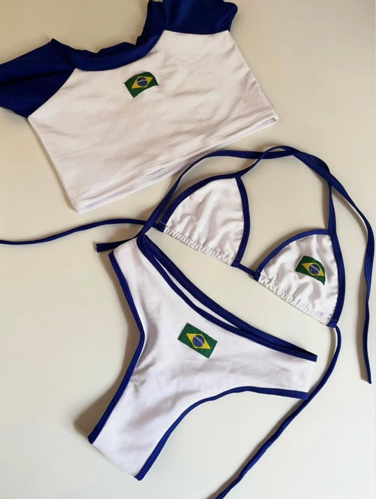 Damen Bikini-Set mit sportlichem Crop-Top und trendigem Brasilien-Flaggen-Design Shopnory