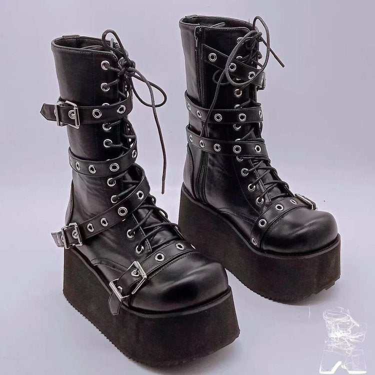 Damen nan hochschaftige Gothic Plateau-Boots mit mehrfachen Metallschnallen, Ösen und seitlichem Reißverschluss Shop Nory