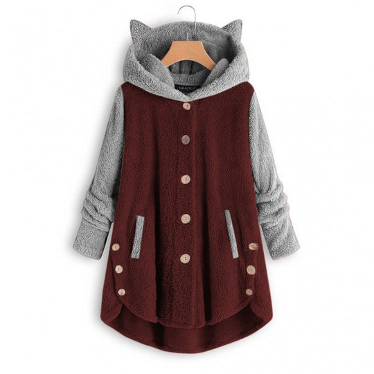 Damen Kuschelige Kapuzen‑Teddyjacke mit Katzenohren, Holzknopf‑Details und High‑Low‑Saum Shop Nory