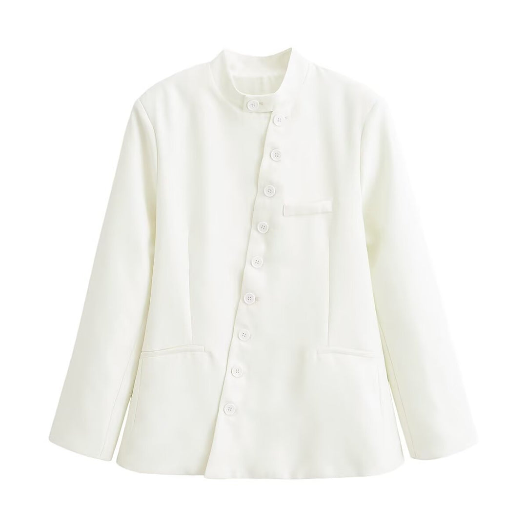 Damen Asymmetrisch geknöpfter Kurzblazer mit Stehkragen und Pattentaschen Shop Nory
