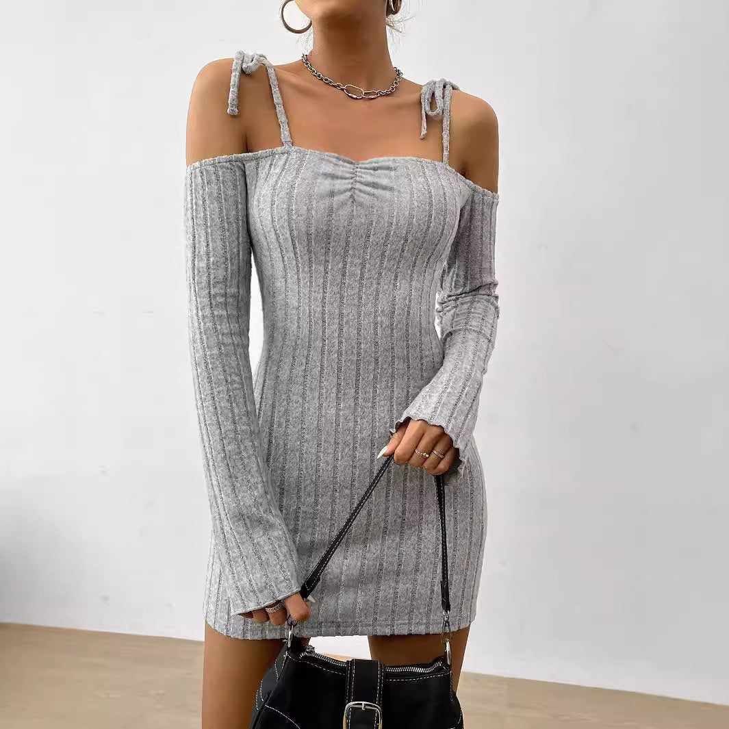 Damen geripptes One-Shoulder-Strickminikleid mit Bindeträgern taillierter Bodycon-Passform Shop Nory