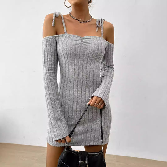 Damen geripptes One-Shoulder-Strickminikleid mit Bindeträgern taillierter Bodycon-Passform Shop Nory