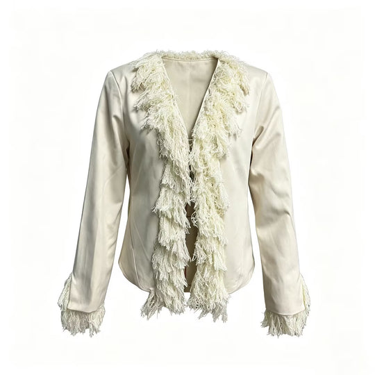 Damen Kurzblazer mit fransenbesetztem Schalkragen und dekorativen Ärmelabschlüssen Shop Nory