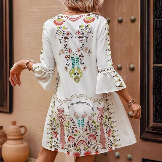 Damen Boho-Kleid mit Stickerei, Häkel-V-Ausschnitt und ausgestellter A-Linie Shop Nory