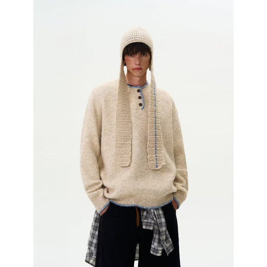 Herren Grobstrick-Henley-Pullover mit Bouclé-Optik und kontrastierten Bündchen Shop Nory