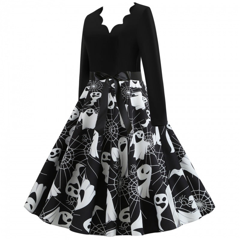 Damen Swingkleid mit wellenförmigem Ausschnitt, langärmligem Oberteil und Geister-Print mit Taillenschleife Shop Nory