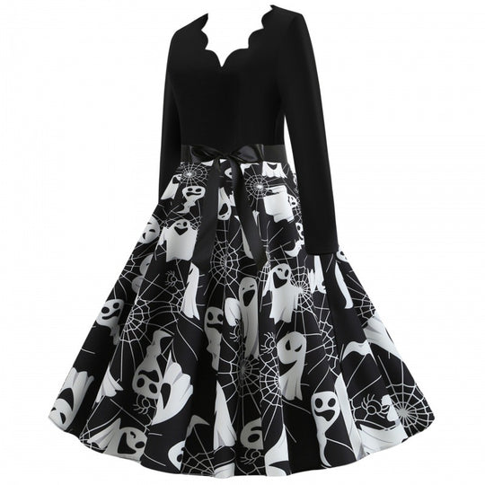 Damen Swingkleid mit wellenförmigem Ausschnitt, langärmligem Oberteil und Geister-Print mit Taillenschleife Shop Nory