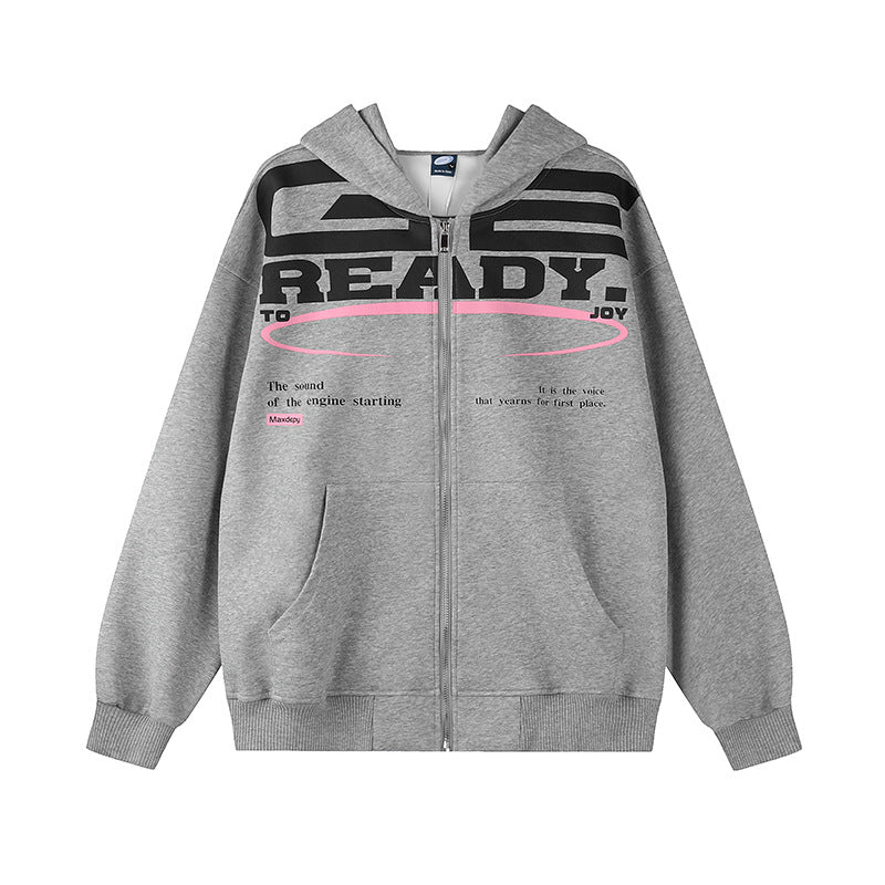 Damen Kapuzen-Sweatjacke mit durchgehendem Reißverschluss, Oversize-Schnitt und Statement-Frontprint Shop Nory