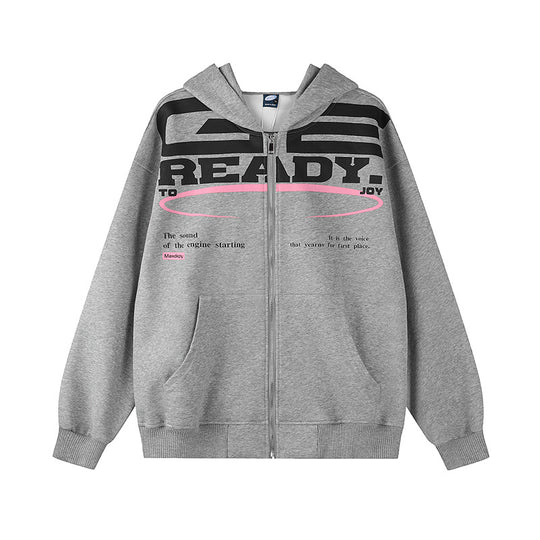 Damen Kapuzen-Sweatjacke mit durchgehendem Reißverschluss, Oversize-Schnitt und Statement-Frontprint Shop Nory