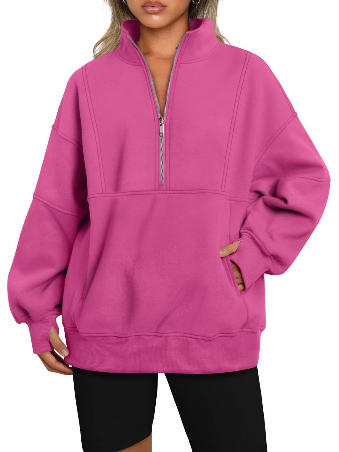 Damen Oversize-Sweatshirt mit halbem Reißverschluss, Stehkragen und Kängurutasche Shop Nory