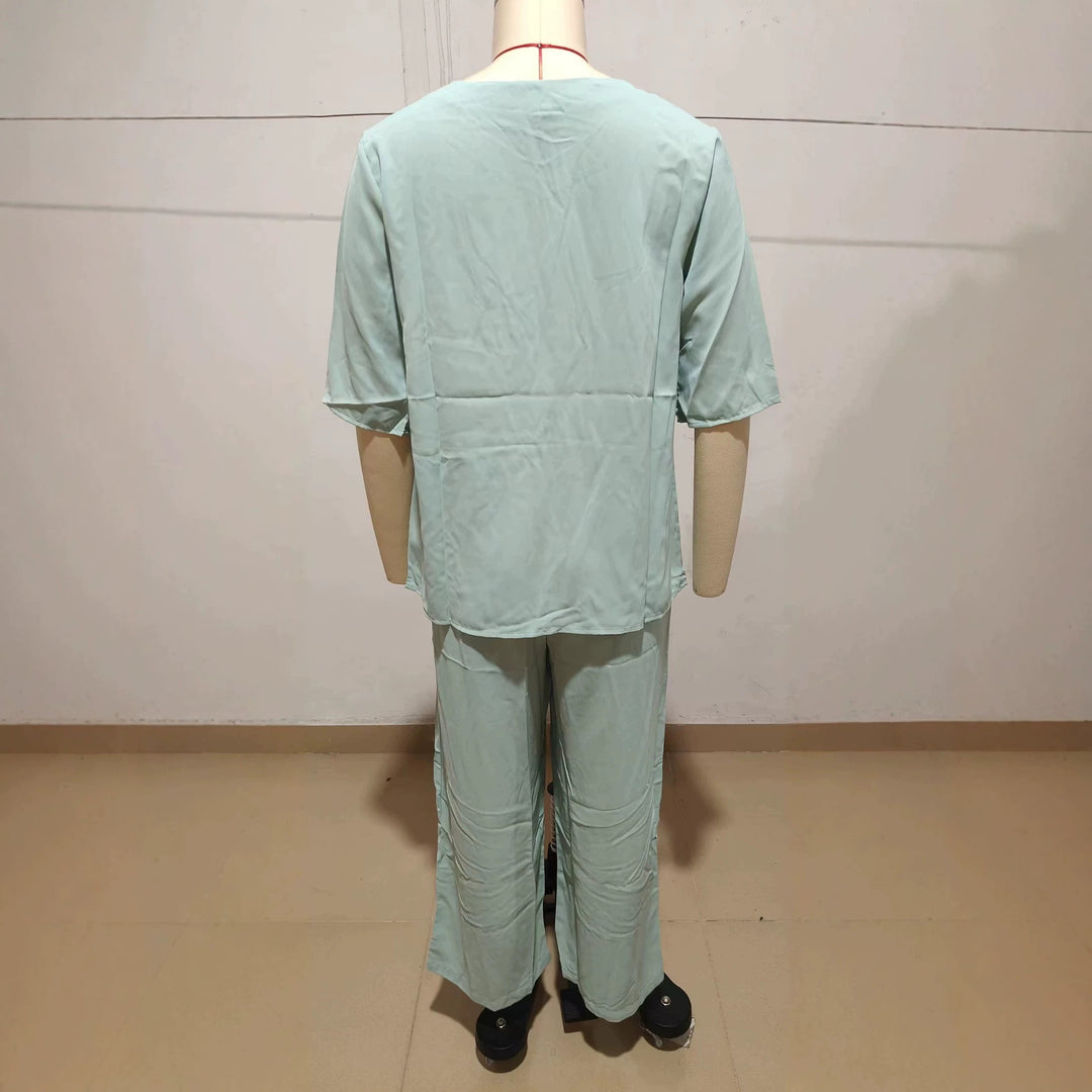 Damen Lässiger zweiteiliger Freizeitanzug mit lockerem Kurzarmtop und weiter Palazzohose Shop Nory
