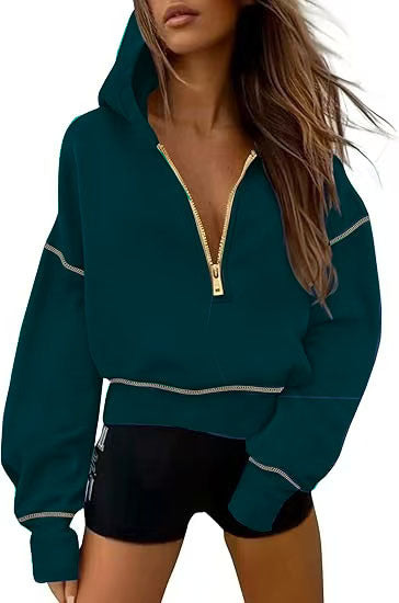 Damen nan cropped Kapuzenpullover mit halbem Reißverschluss und voluminösen Ballonärmeln Shop Nory