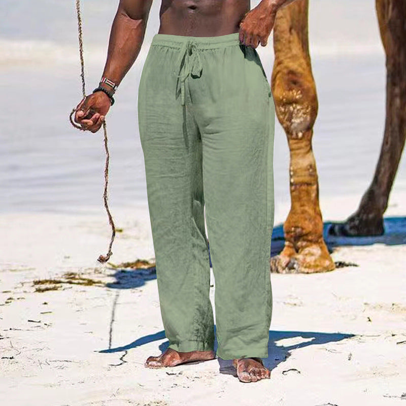 Herren lässige Strandhose aus leichtem Leinenstoff mit elastischem Bund und Kordelzug