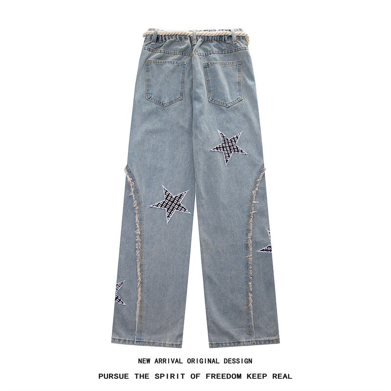 Damen Weite High‑Waist Denimhose mit Stern‑Applikationen, Fransen‑Seitenschlitzen und Kordelbund Shop Nory