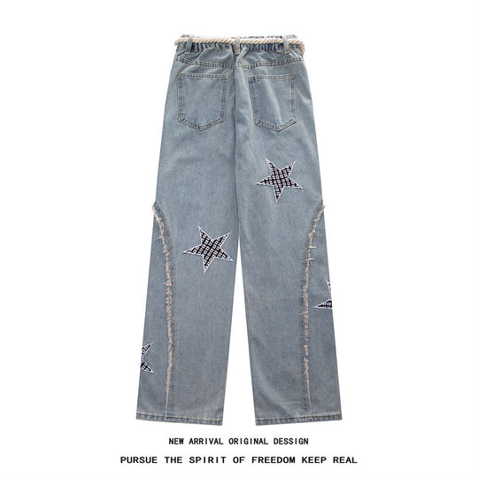 Damen Weite High‑Waist Denimhose mit Stern‑Applikationen, Fransen‑Seitenschlitzen und Kordelbund Shop Nory