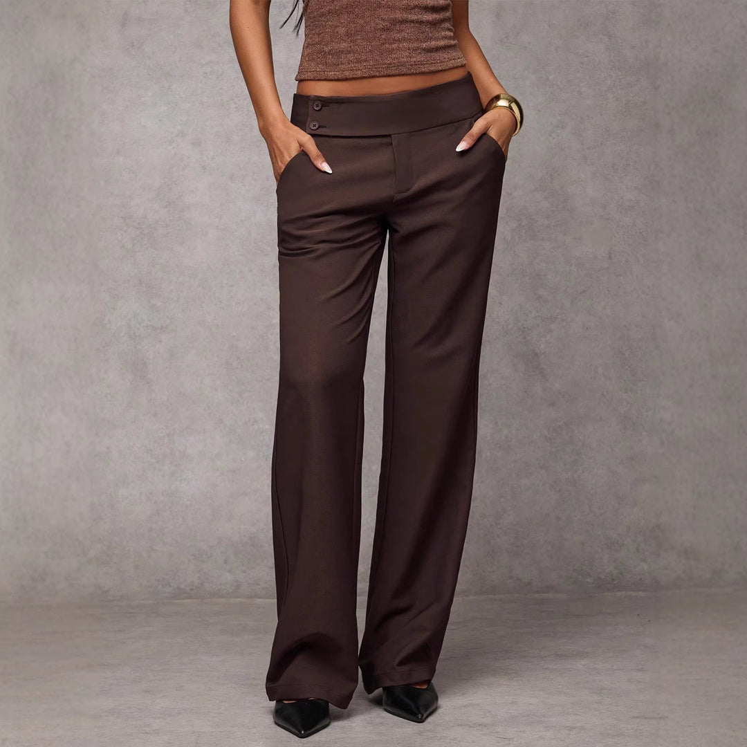 Damen Hochtaillierte gerade geschnittene Stoffhose mit weitem Bein und Zierknopfleiste Shop Nory