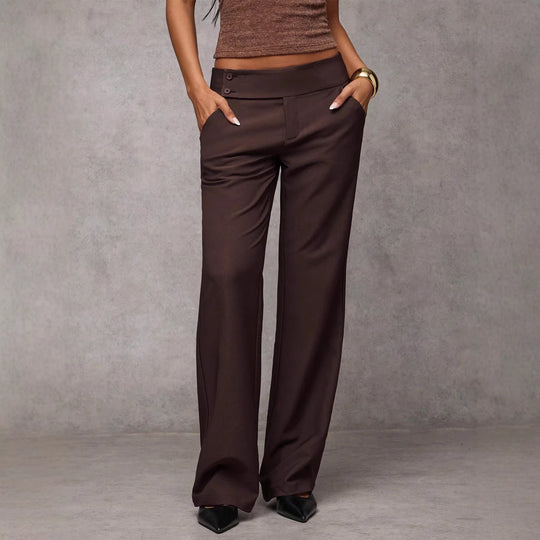 Damen Hochtaillierte gerade geschnittene Stoffhose mit weitem Bein und Zierknopfleiste Shop Nory