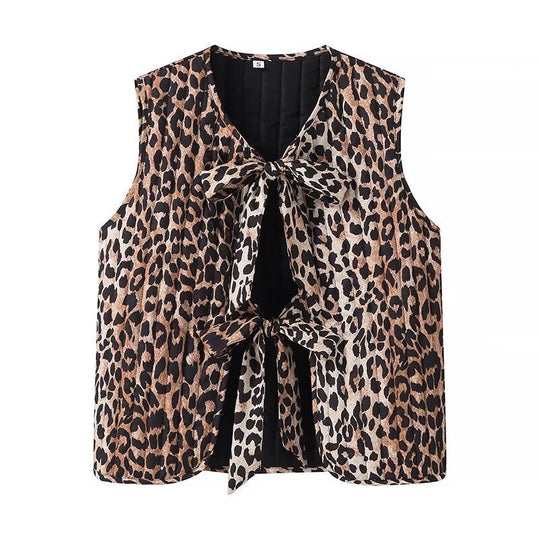 Damen Ärmellose Chiffon-Bluse mit Leopardenprint und doppelter Schleifenfront Shop Nory