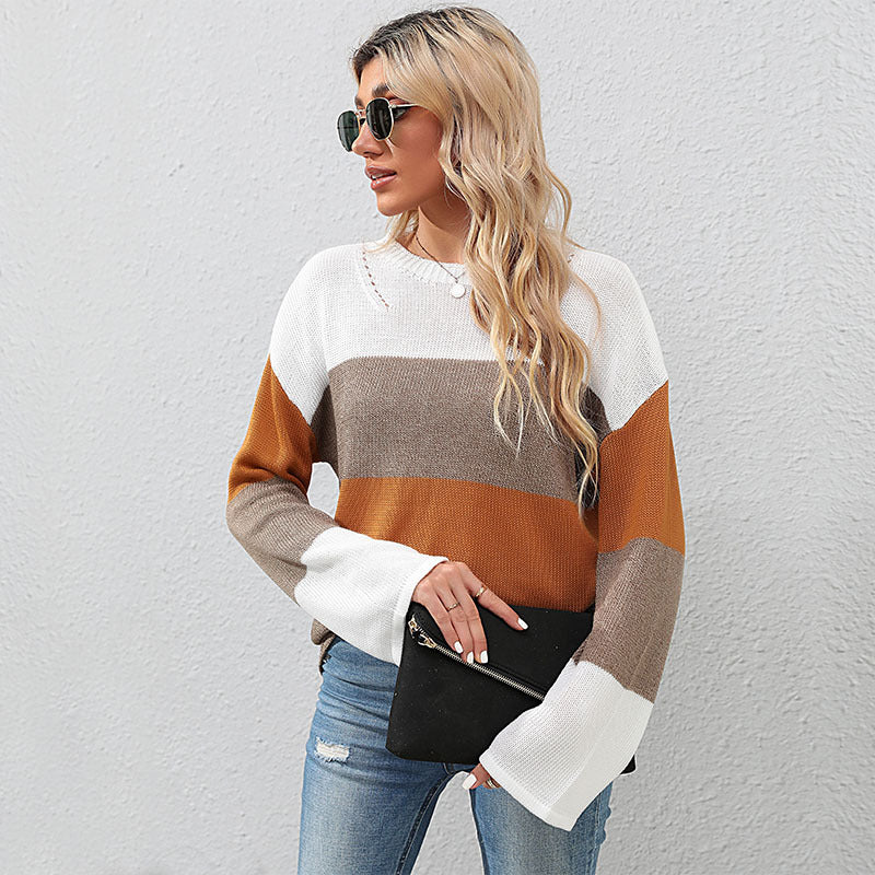 Damen Oversize Farbblock Strickpullover mit Rundhalsausschnitt und langen Ärmeln Shop Nory