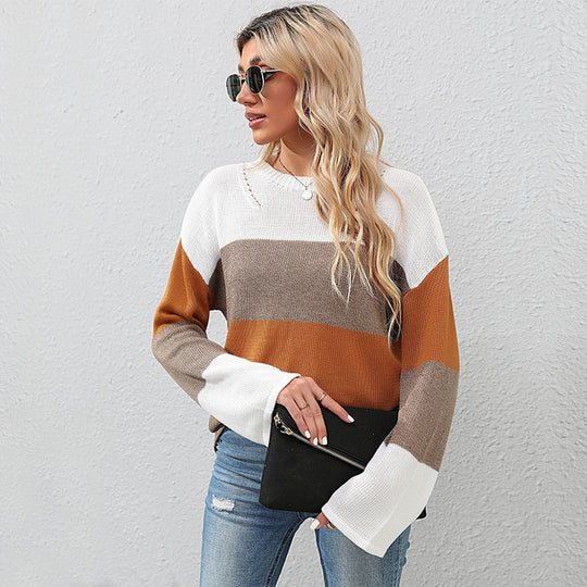 Damen Oversize Farbblock Strickpullover mit Rundhalsausschnitt und langen Ärmeln Shop Nory