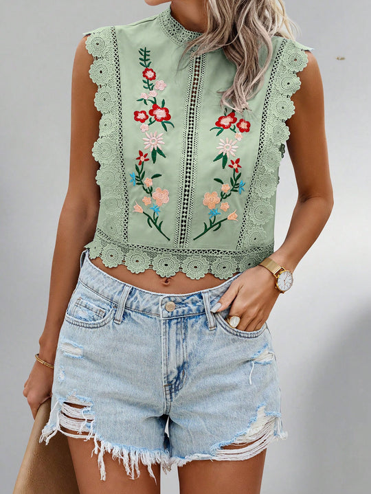 Damen Besticktes Spitzen-Cropped-Top mit Stehkragen und Häkelkanten Shop Nory