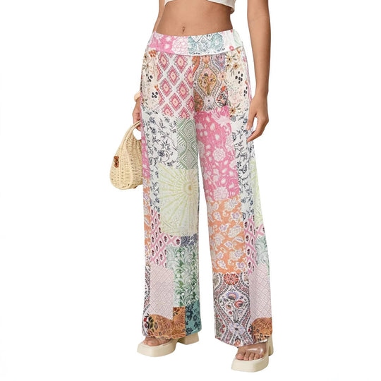 Damen Patchwork Palazzo-Hose mit weitem Bein und hohem Bund Shop Nory