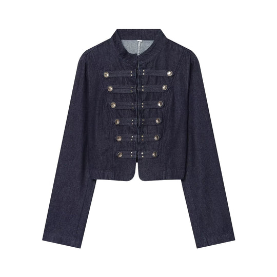 Damen Cropped Denim Militärjacke mit Stehkragen und dekorativer Zierknopfleiste Shop Nory