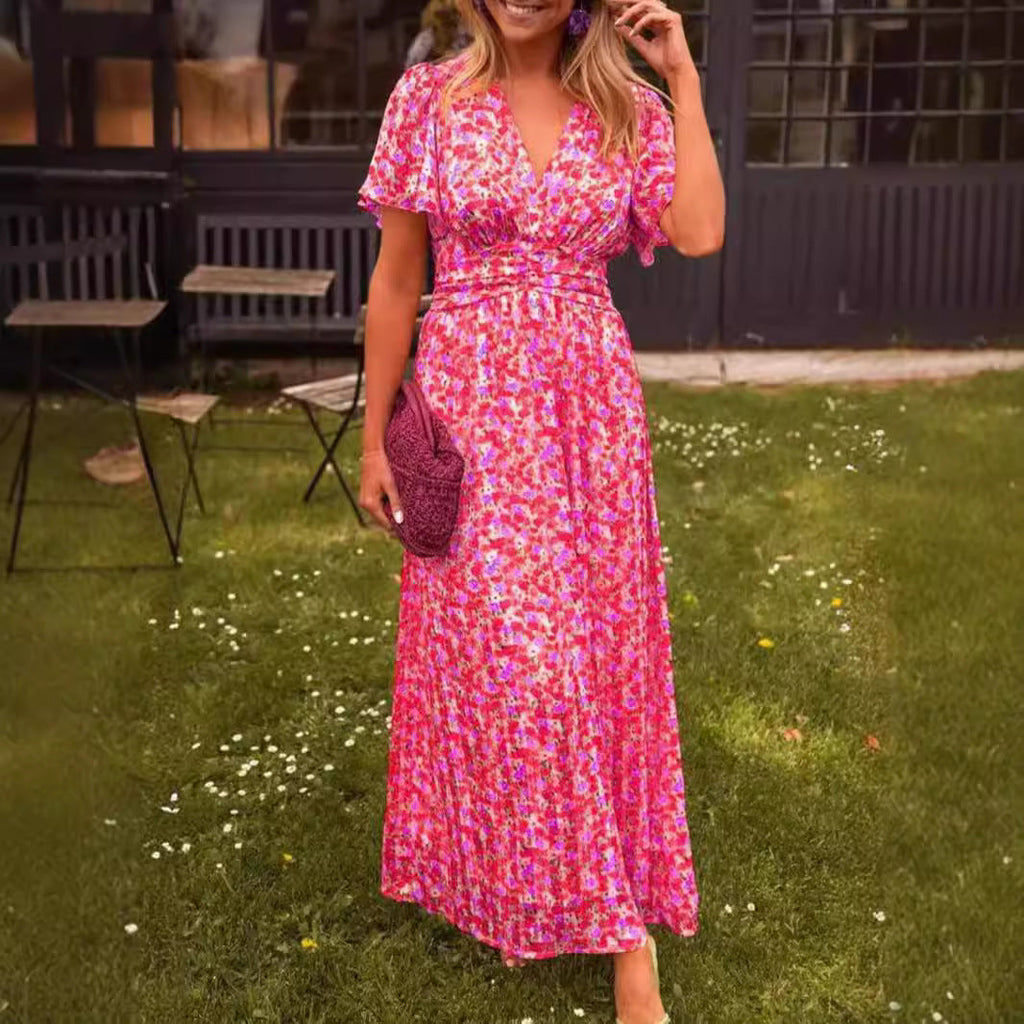 Damen Maxikleid mit floralem Muster und raffinierten Ärmeln