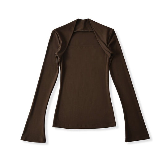 Damen Figurbetontes Langarm-Top mit weitem Schalkragen und Trompetenärmeln Shop Nory