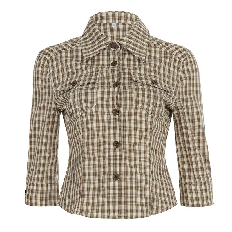 Damen nan taillierte Dreiviertelarm Karobluse mit Brustpattentaschen und Hemdkragen Shop Nory