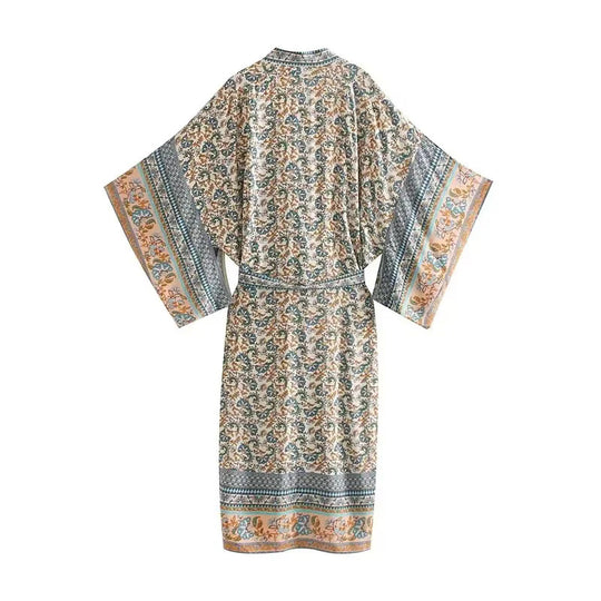 Damen Leichter Boho-Kimono-Bademantel mit Gürtel und floralem Allover-Print Shop Nory