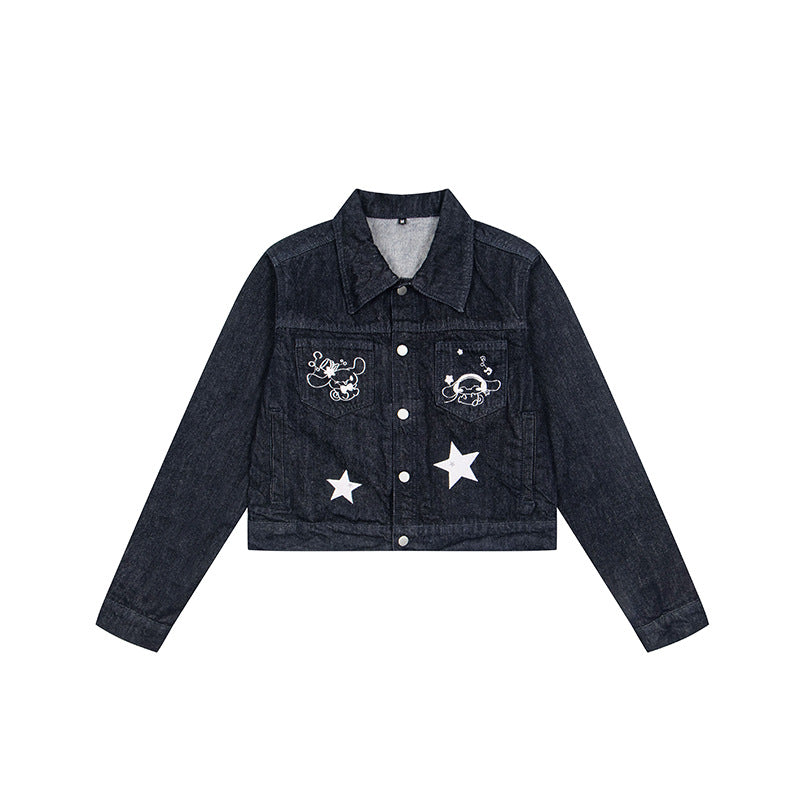 Damen Kurz geschnittene Jeansjacke mit Stern‑Applikationen und Cartoon‑Stickereien Shop Nory