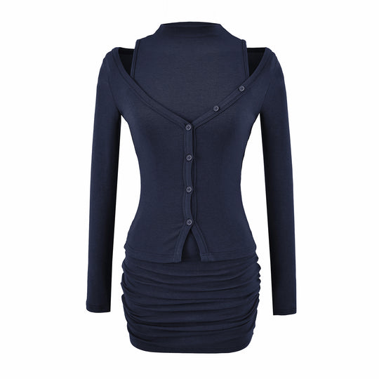 Damen Zweiteiliges Strick-Set mit integrierter Highneck-Weste und asymmetrischer Knopf-Cardigan Shop Nory