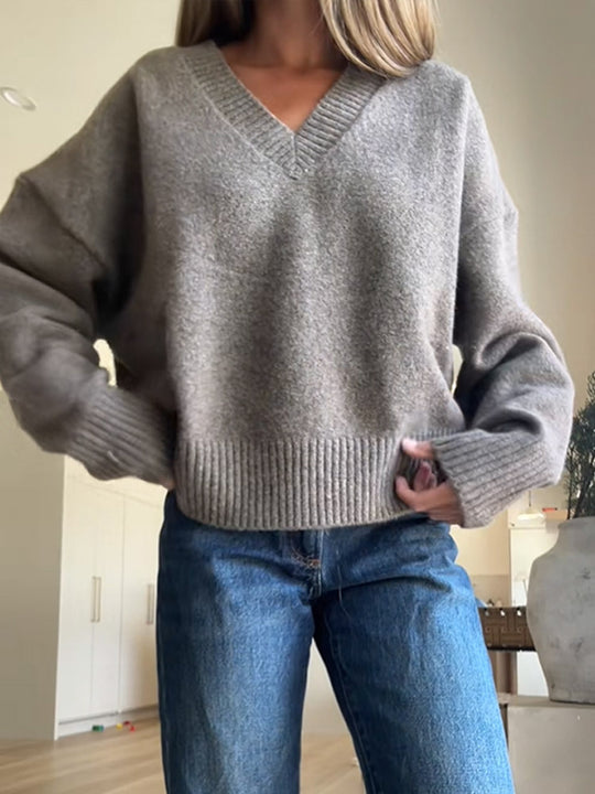 Damen Oversized V-Ausschnitt Strickpullover mit geripptem Saum Shop Nory