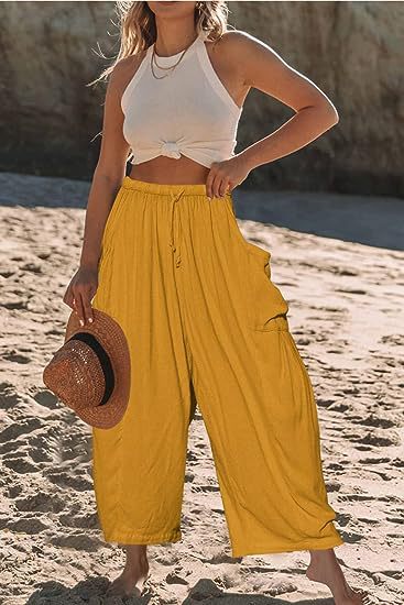 Damen Hochbundweite Weitbein Leinenmix Cargo Cropped Hose Shop Nory