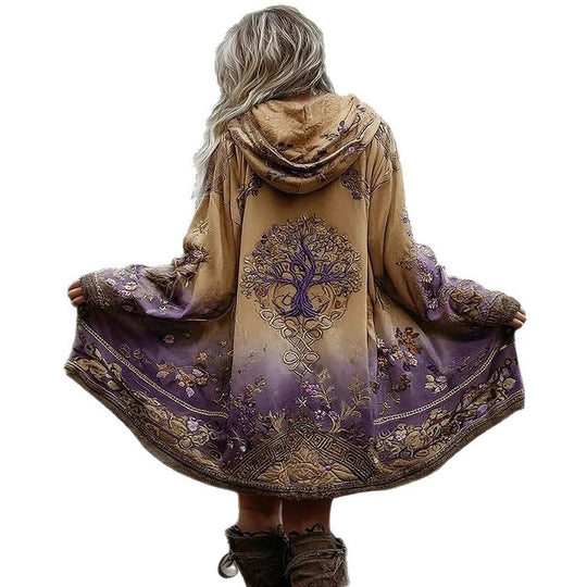 Damen Boho Kapuzenmantel im Schwung-Schnitt mit Baum-Motiv und Farbverlauf Shop Nory