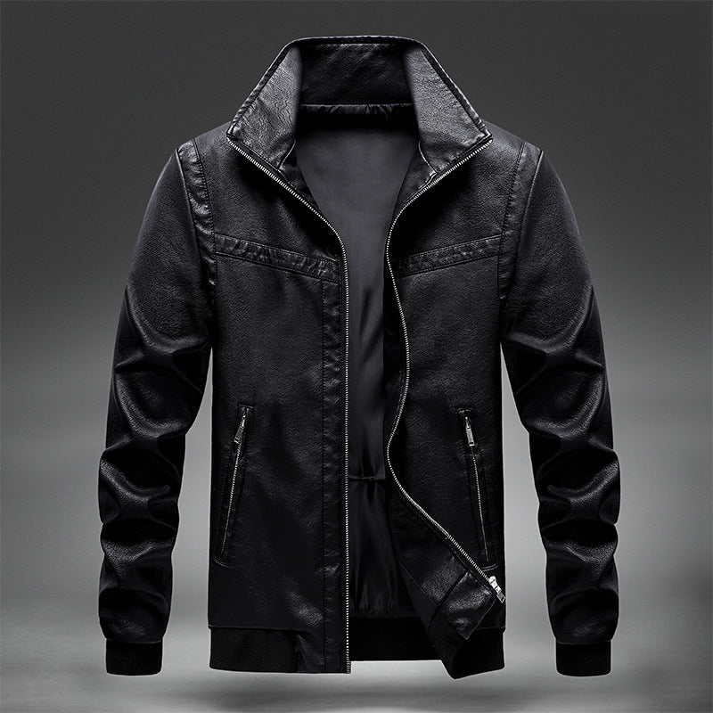 Herren Lederimitat-Bomberjacke mit Rippbündchen, Stehkragen und verdeckten Reißverschlusstaschen Shop Nory