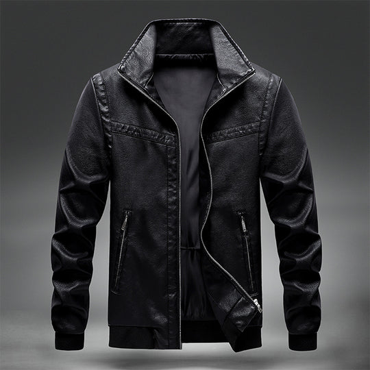 Herren Lederimitat-Bomberjacke mit Rippbündchen, Stehkragen und verdeckten Reißverschlusstaschen Shop Nory