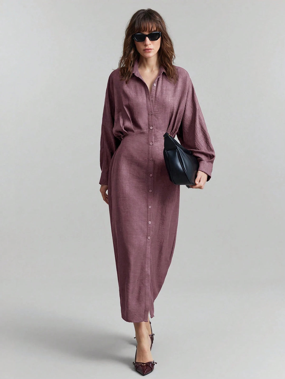 Damen Leinen-Maxikleid mit Hemdkragen, durchgehender Knopfleiste und Fledermausärmeln Shop Nory