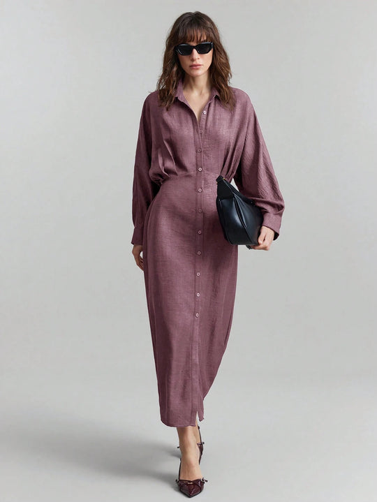 Damen Leinen-Maxikleid mit Hemdkragen, durchgehender Knopfleiste und Fledermausärmeln Shop Nory