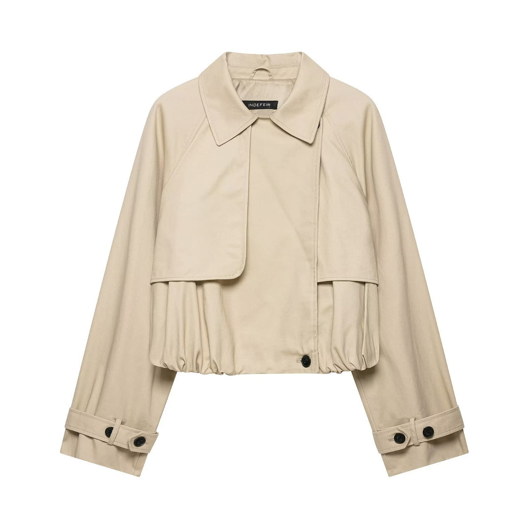Damen Kurzgeschnittene Trenchjacke im Boxy‑Schnitt mit Raffung und verstellbaren Manschetten Shop Nory