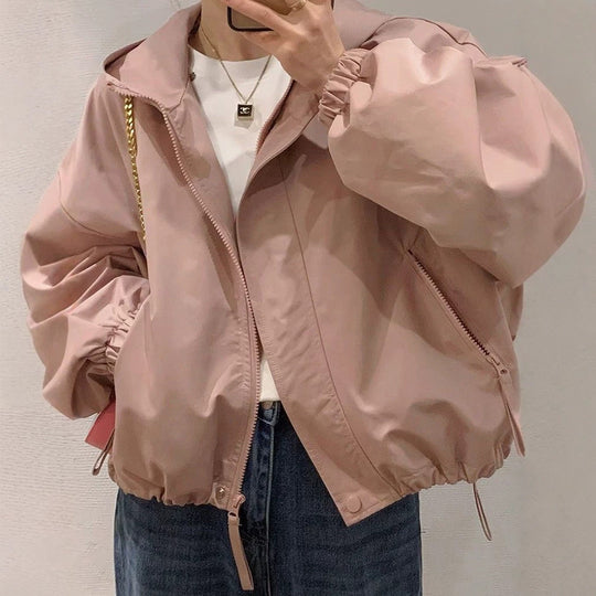 Damen Oversize-Kapuzenjacke im Bomberstil mit Kordelzug, elastischen Bündchen & seitlichen Reißverschlusstaschen Shop Nory