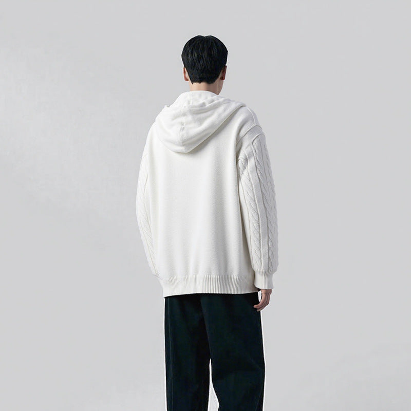 Herren Strukturiertes Zopfmuster-Kapuzenpullover mit Knopfleiste Shop Nory