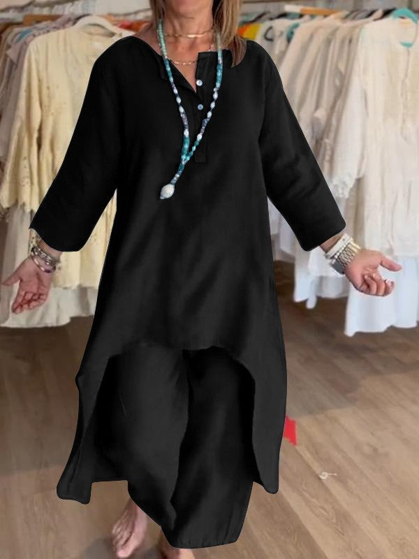 Damen Midilanges Leinen-Tunika-Set mit asymmetrischem Saum und weiter Palazzo-Hose Shop Nory