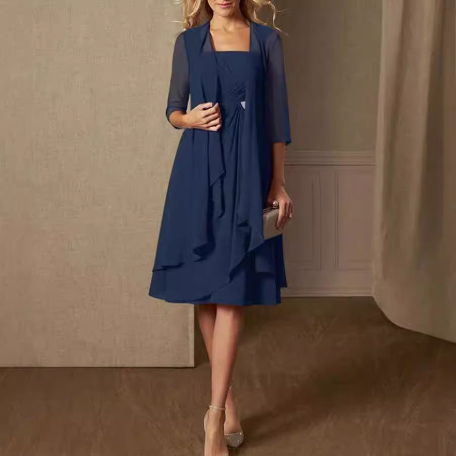 Damen festliches Maxikleid mit einem eleganten Wickeldesign und transparenter Ärmeln