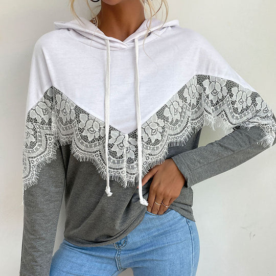 Damen Kapuzenpullover mit Spitzenbesatz und V‑Einsatz Shop Nory